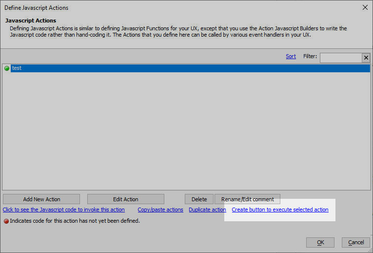 Javascript Actions Editor with the "Create a button" link highlighted